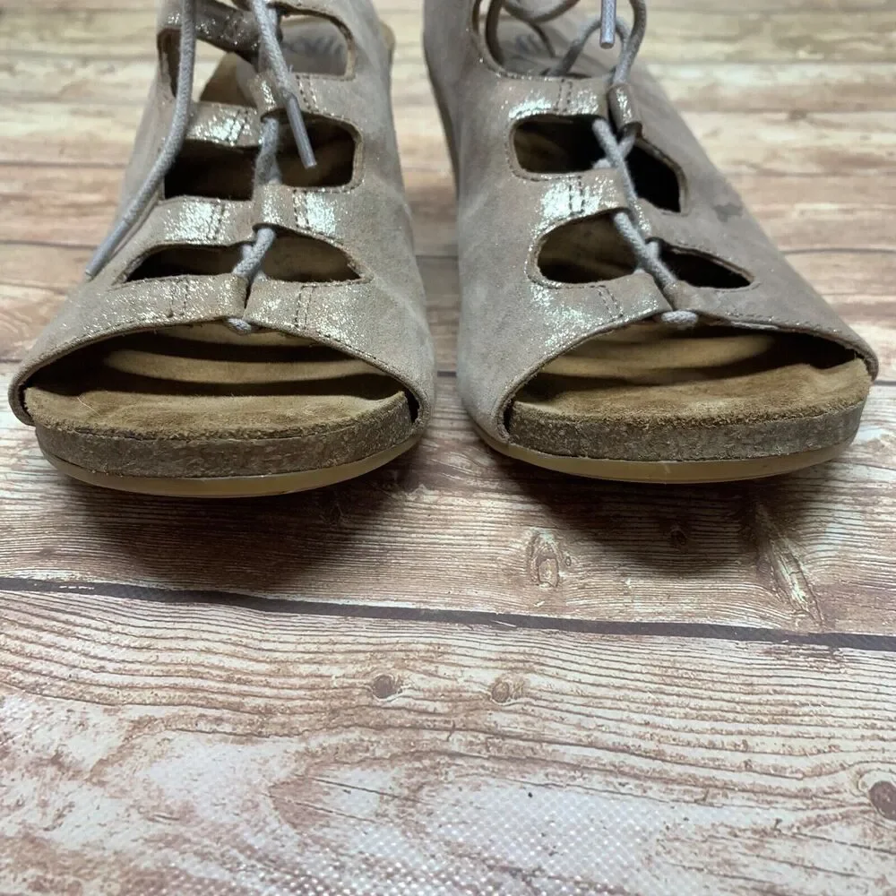 Sofft Women's Maize Sandals Tan Metallic Lace Up Open Toe Wedge Heels Leather 11